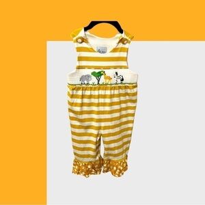 Delaney Toddler Embroidered Zoo Animal Mustard Striped Ruffle Romper 18 Months